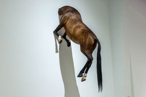 Maurizio Cattelan, _Untitled_ (2007). Taxidermied horse, 300 × 170 × 80 cm. Exhibition view: Maurizio Cattelan, _The Last Judgment_, UCCA, Beijing (20 November 2021–20 February 2022). Courtesy UCCA Center for Contemporary Art.